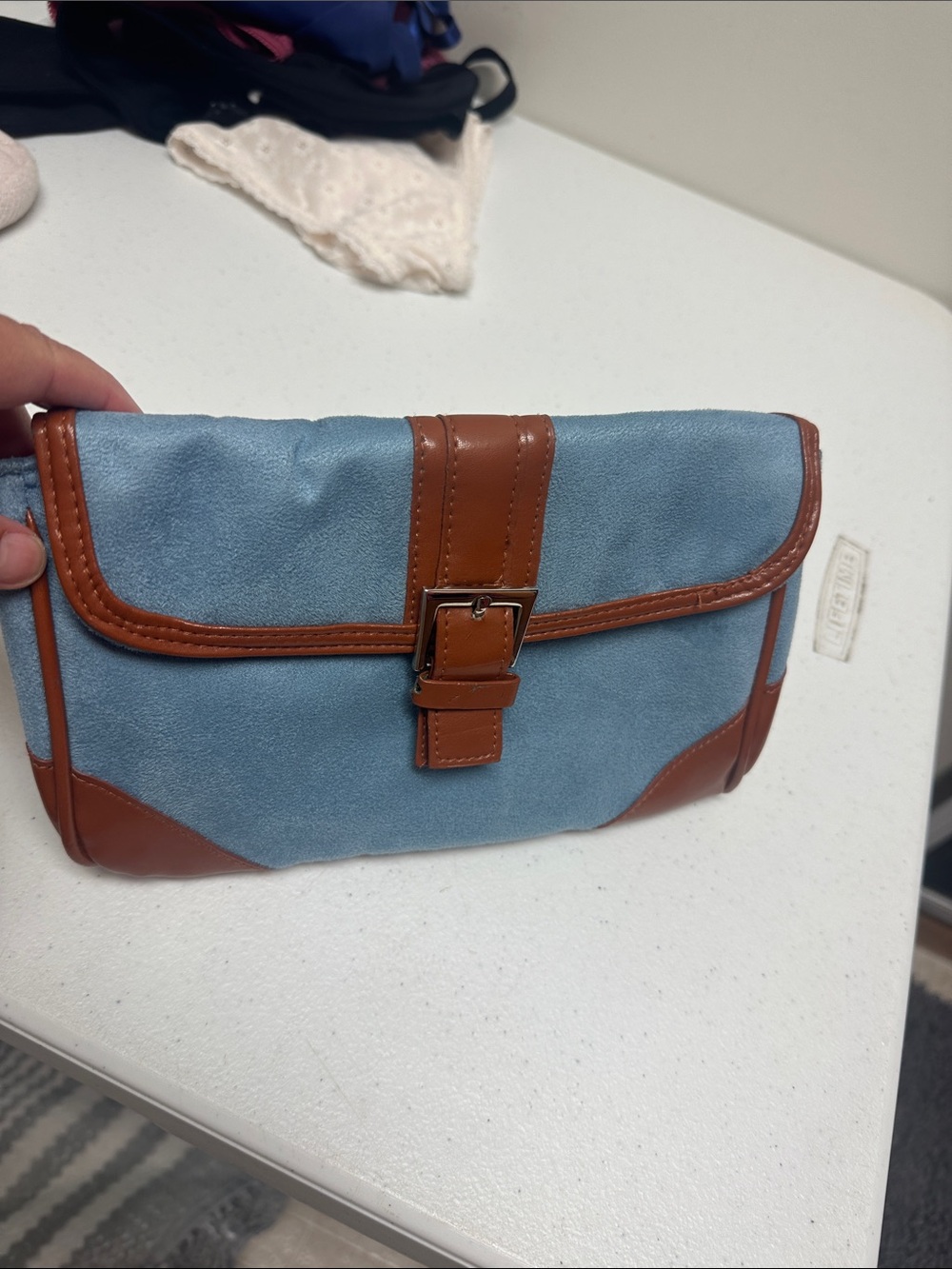Blue and Brown Leather-Trim Clutch